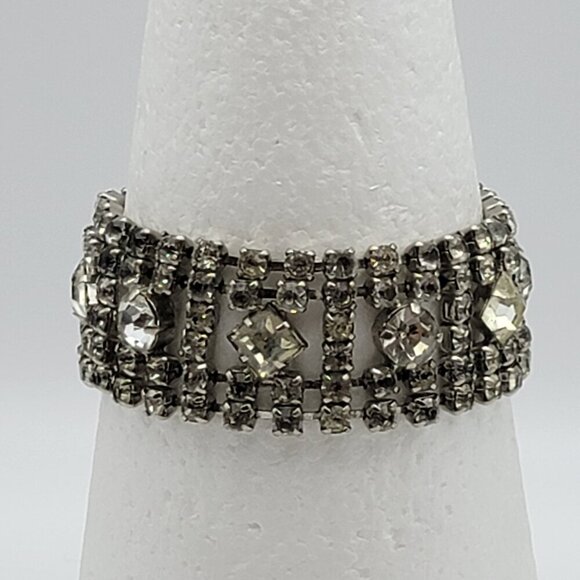 Estate Jewelry - Vintage Crystal Tennis Bracelet Silver-Tone Fold Clasp Wide Statement 7 Inch